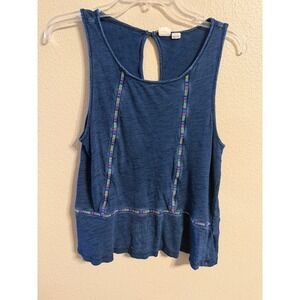 Roxy Womens Blue Cotton Slub Knit Tank Top Rainbow Embroidered Trim Small